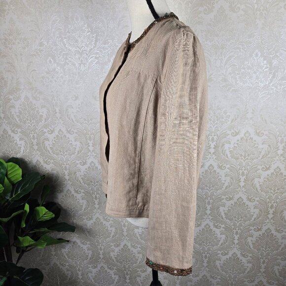 Carole Little Petite Size PXL Tan Linen Jacket Snap Front Beaded Detail Lined - Picture 6 of 12